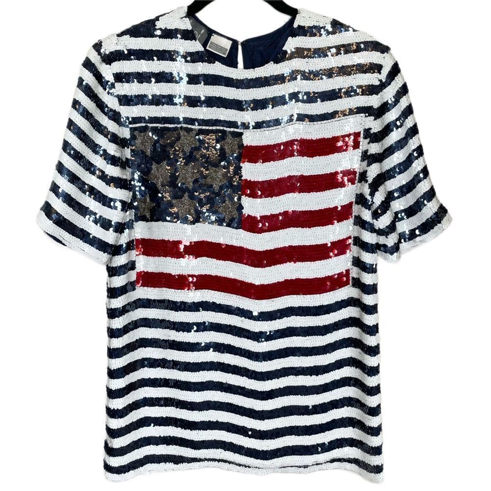 Vintage Modi American Flag Striped Sequin Beaded Embellished Blouse 4th of july